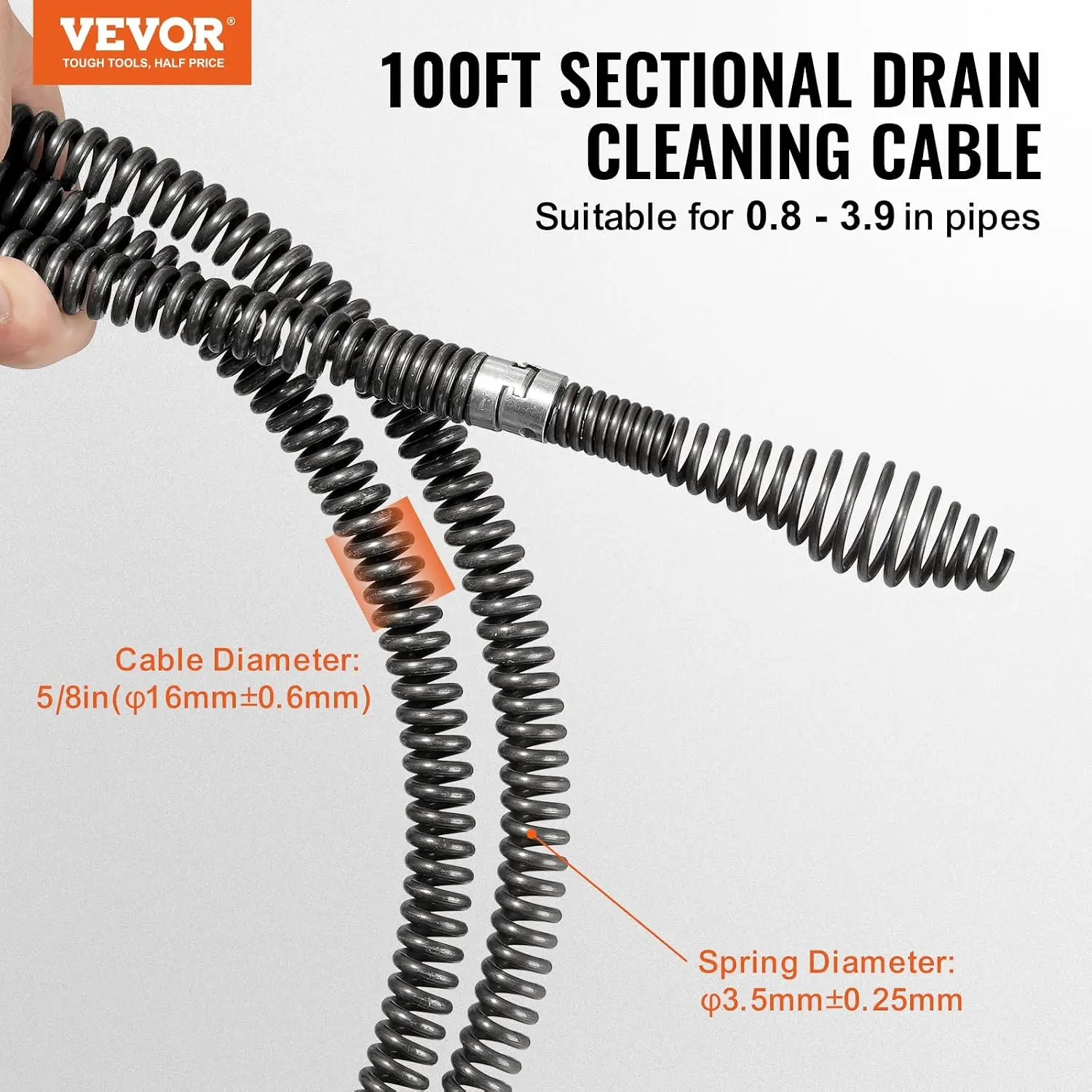 Drain Cleaning Cable 100 FT x 5/8 Inch, Professional Sectional Drain Cleaner Cable with 7 Cutters for 0.8