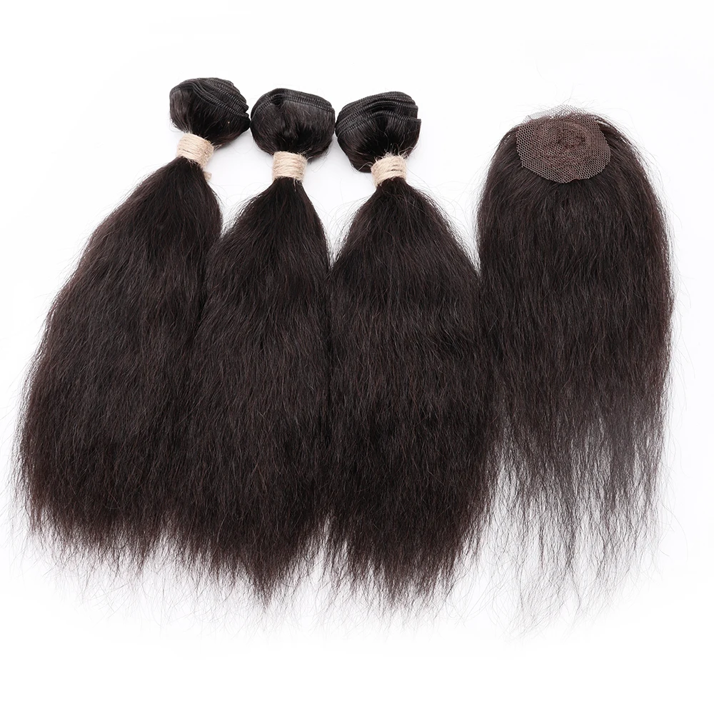 Short Kinky Straight Human Hair Bundles With Centre Closure Brazilian Afor Yaki Straight Bundles with Closure