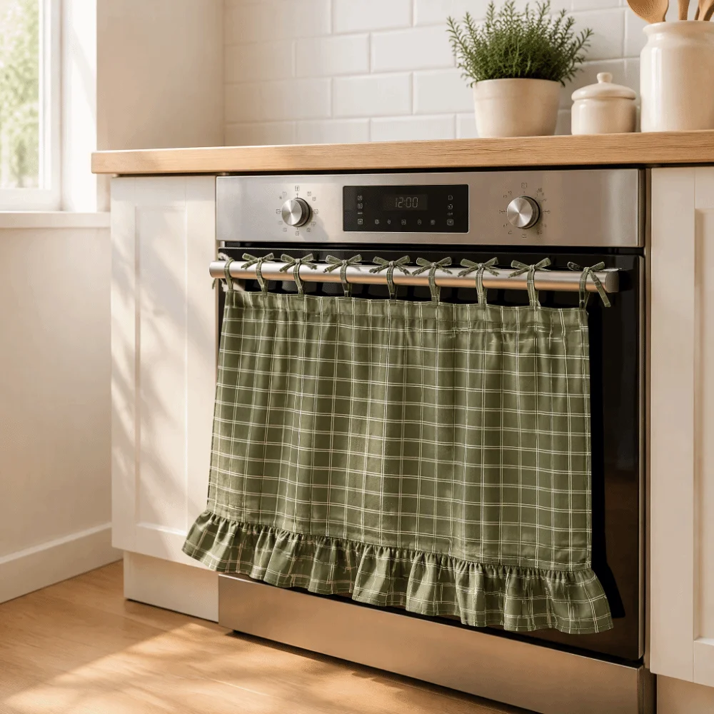 Handmade Cotton-Polyester Blend Oven Curtain Green Window Treatment Farmhouse Curtain Heat Safe Curtain Home Decoration