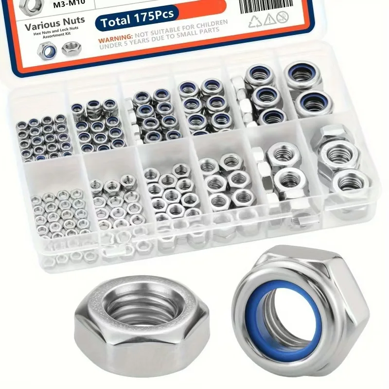 175Pcs Lock Nut and Hex Nut Combination Kit M3 M4 M5 M6 M8 M10 Anti-slip Self-locking Nut Screw Cap Stainless steel lock nuts