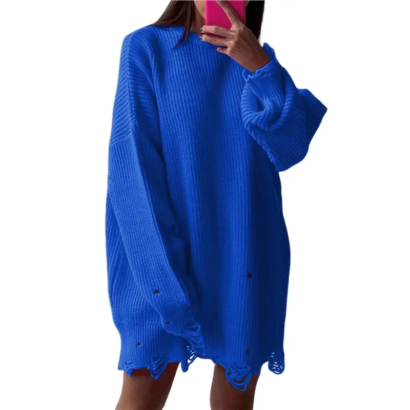 

CYL-Women's Oversized Solid Color Round Neck Long Sleeve Pullover Distressed Knit Sweater Top