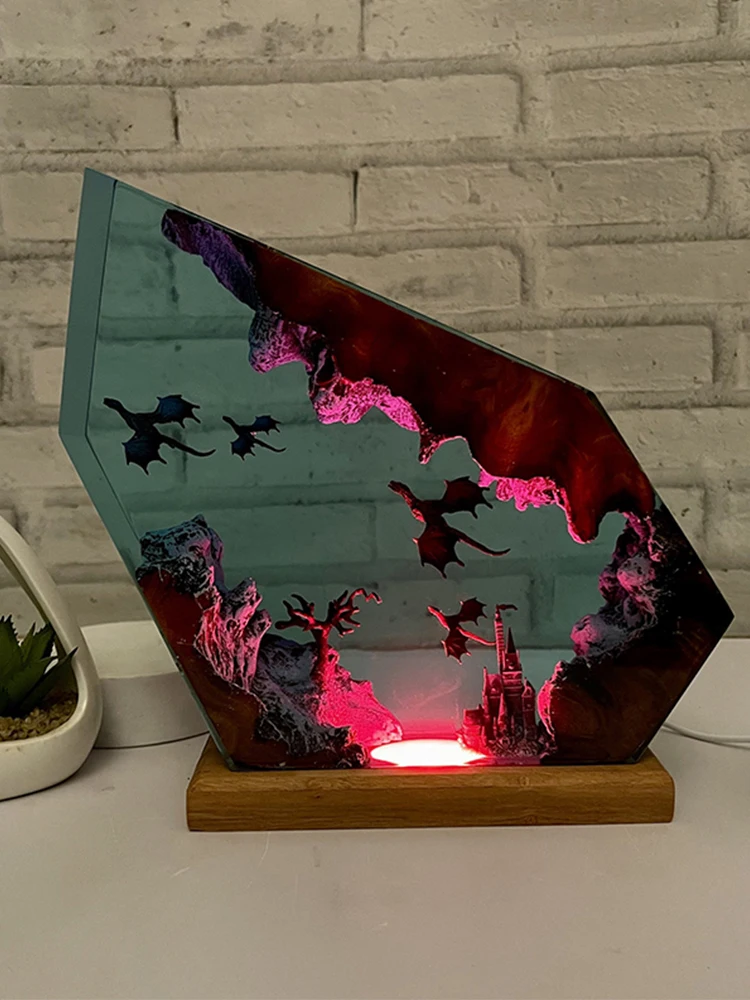 Dragon & Castle เรซินอินทรีย์ Creative Art Night Light Magic World Theme Craft ตกแต่งตารางโคมไฟ USB เปลี่ยน