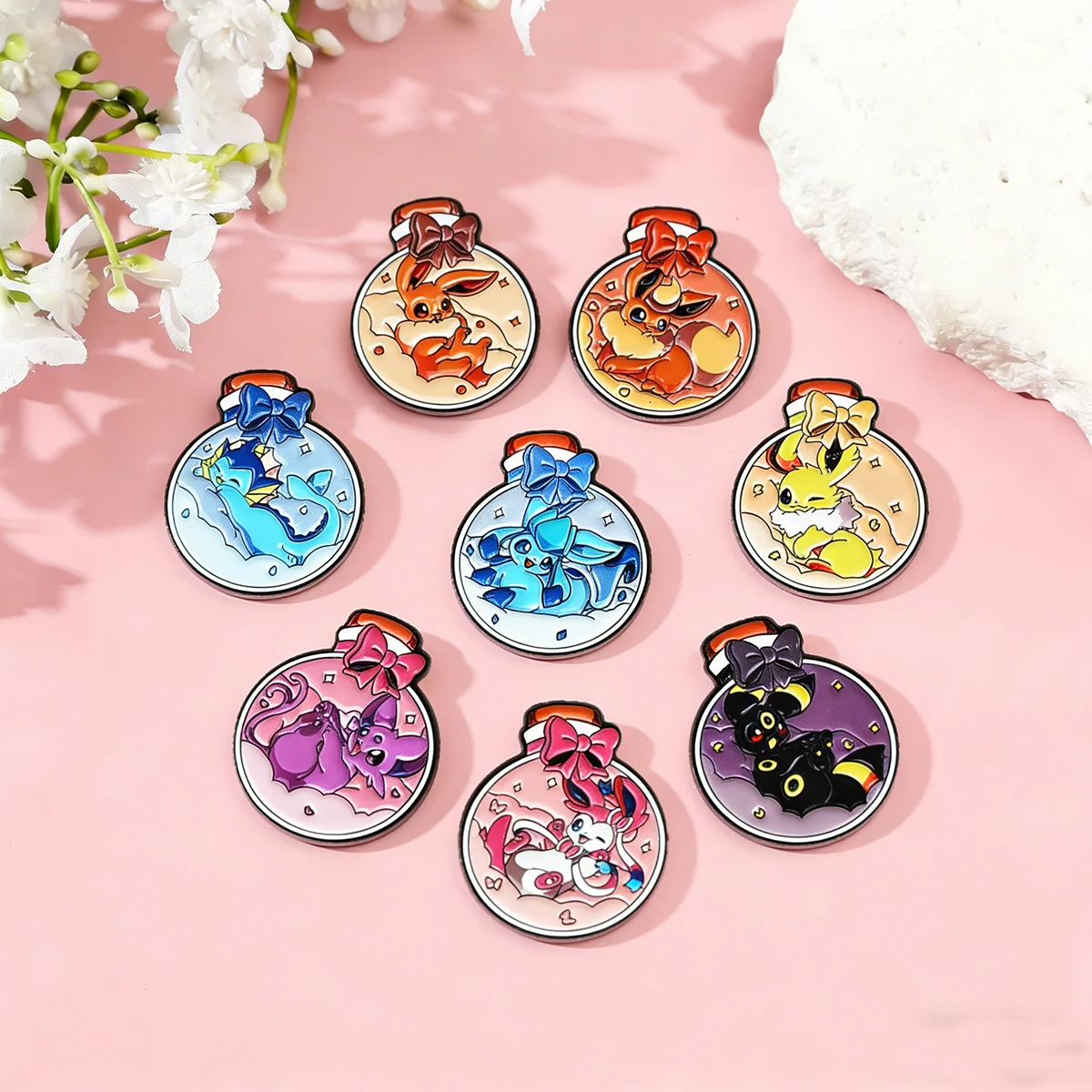 

9Pcs Anime Pokemon Eeveelutions Brooch Badge Flareon Jolteon Espeon Leafeon in Bow Wish Bottle Enamel Lapel Pins For Bag Gifts