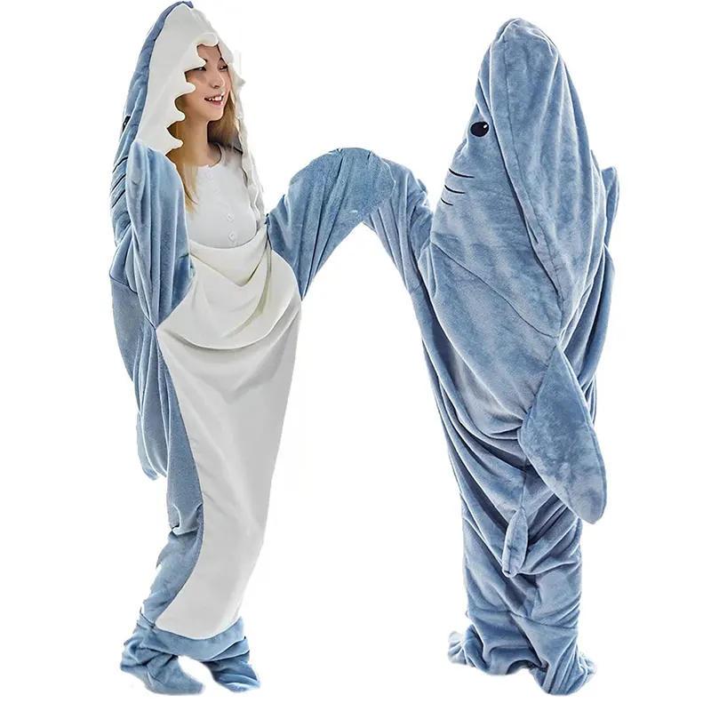 

TRAFZA Cartoon Shark Flannel Pajamas New Loose One Piece Home Pajamas Cute Shark Shawl Blanket Children's Adult Home Clothing