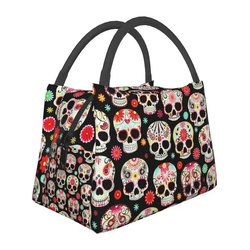 Sugar Skulls Calavera Lunch Boxes Women Day Of The Dead Cooler Thermal Food Insulated Lunch Bag Travel Work Pinic Container