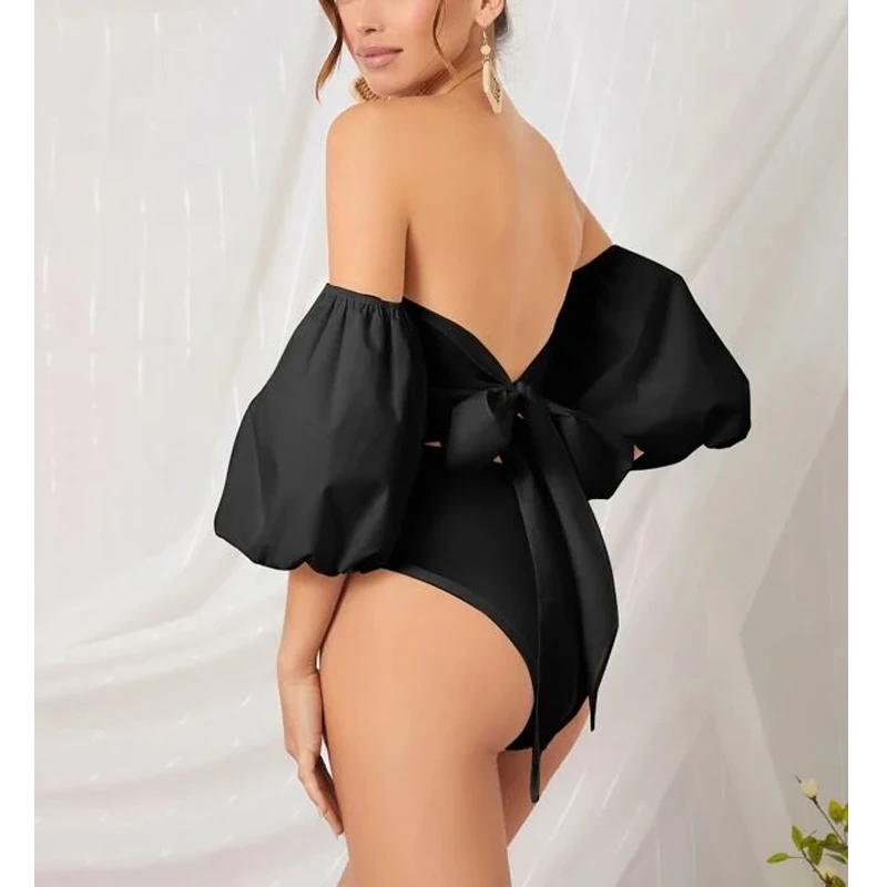 Stylish Off Shoulder Puff Sleeve Backless Swimsuit with Tied Waist