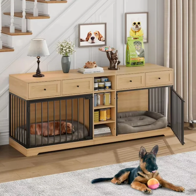 

82 Inch Large Double Decker Dog Crate for 2 Dogs, Indoor Wooden Kennel with Drawers and Shelves, Modern Design,