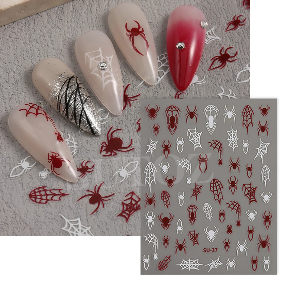 Red Spiders Halloween Nail Stickers, DIY Nails Charms Decor, Y2K Laser, Aranha e Cobweb, Preto e branco, Night Party, LESU-37