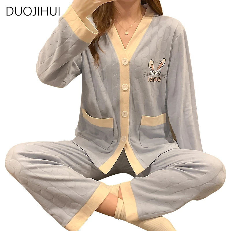 DUOJIHUI Autumn Sweet Two Piece Loose Female Pajamas Set Chic V-neck Cardigan Fashion Simple Pant Casual Home Pajamas for Women