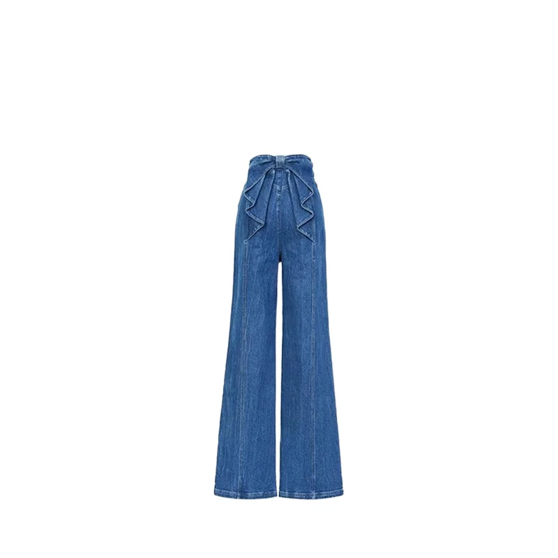 Franse stijl strikjeans Veelzijdige damesbroek met hoge taille en rechte pijpen Klassiek blauw High Street losse denimbroek met wijde pijpen