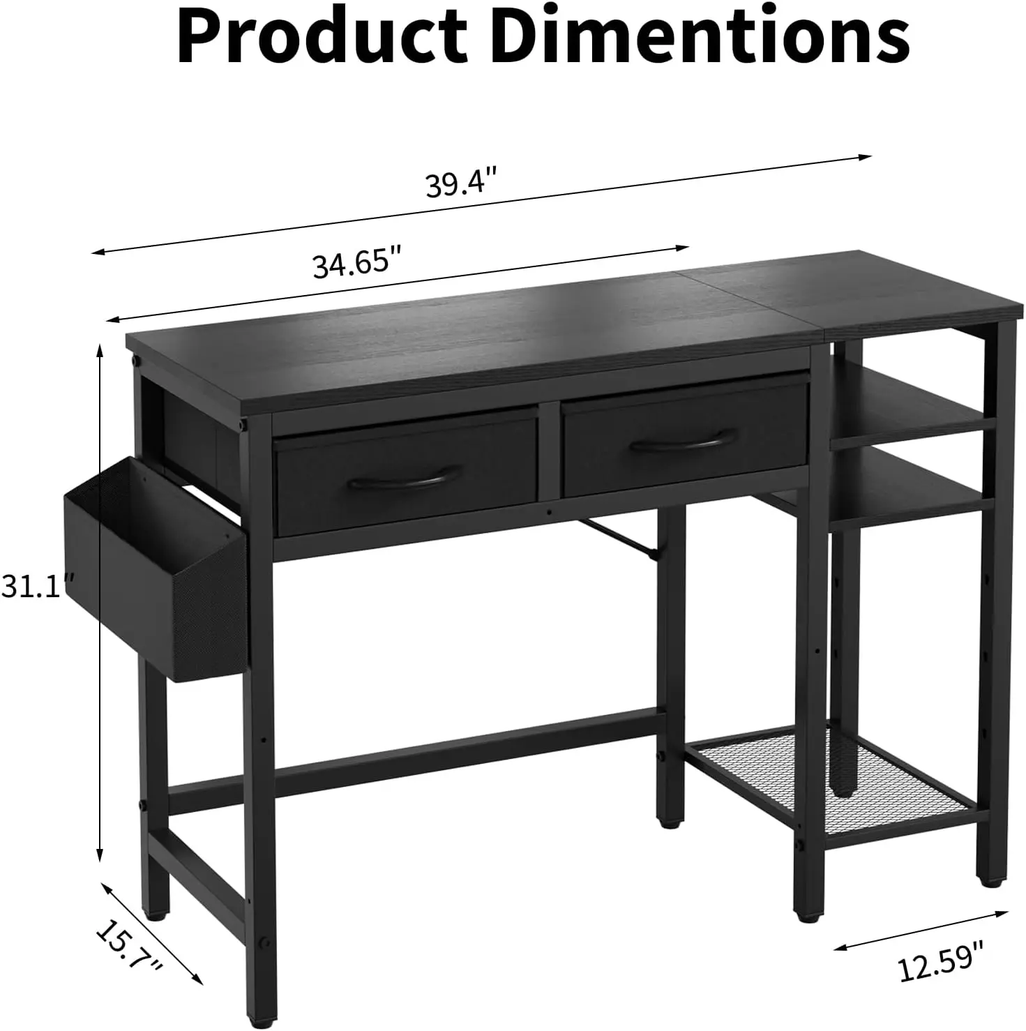 Home Office Computer Desk with 2 Fabric Drawers & Side Storage Shelves, Modern Writing Study Workstation with Side Hanging Storage Bag for Bedroom