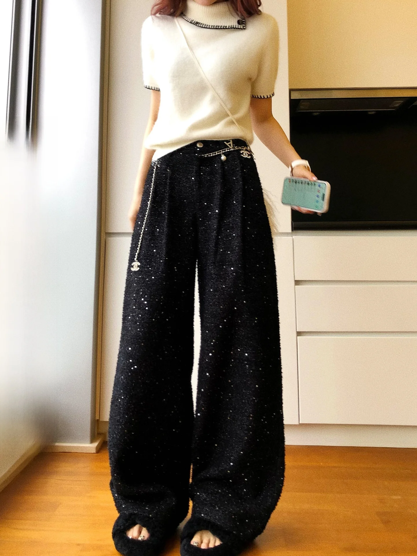 

Ele Silver Velvet Wide Leg Casual Pants Women's New Long Floor-Length Straight Tube Pants iny Sequin Leisure Trousers