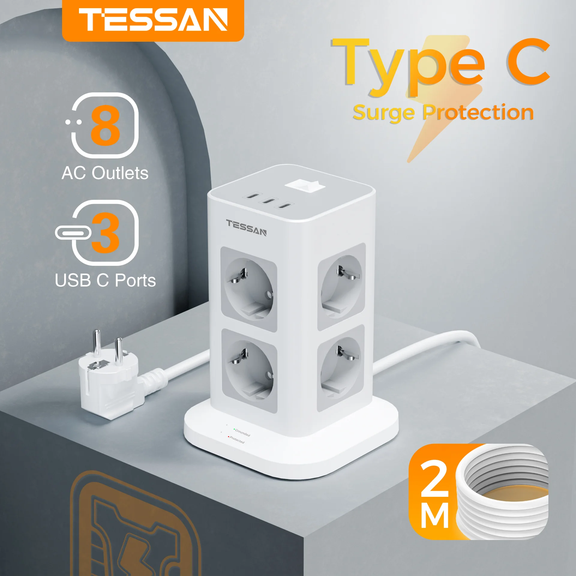 

TESSAN Multiple Socket Power Strip with 8 Outlets 3 Type C EU Plug Tower Socket with Surge Protection 2M Extension Cord for Home