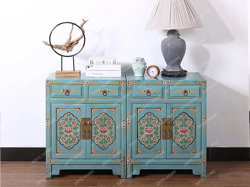Solid wood nightstand, antique hand-painted cabinet, small bedroom storage bedside cabinet