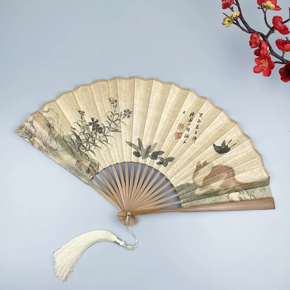 Silk Cloth Folding Hand Fan Bamboo Frame Butterfly Cat Chinese-Style Shell Fan Decoration Double Sided Retro Handheld Fan