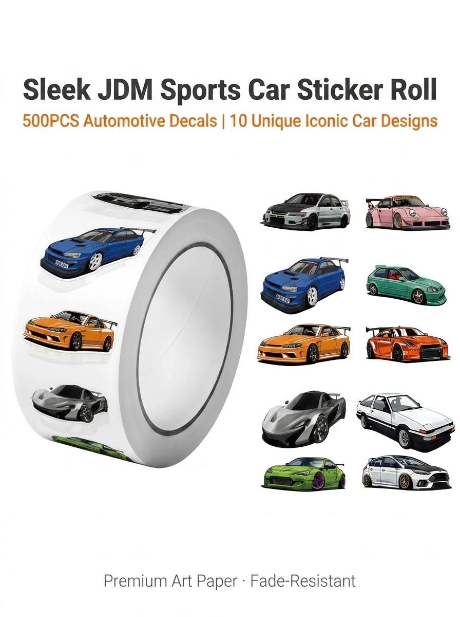 1Roll(500Pcs) Mini Sport Cars Stickers 2.5cm/1.0'' 10 Designs Decals Diy Adorn Gifts Packaging Home Decoration Sealing Labels