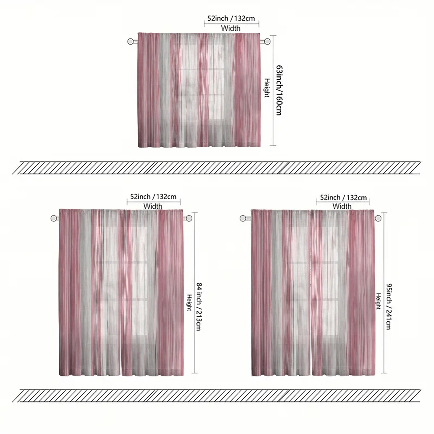 2 Pieces HD Digital Pink vertical bar Printed Window Screen Home Decor Style Decoration Living Room Bedroom Rod