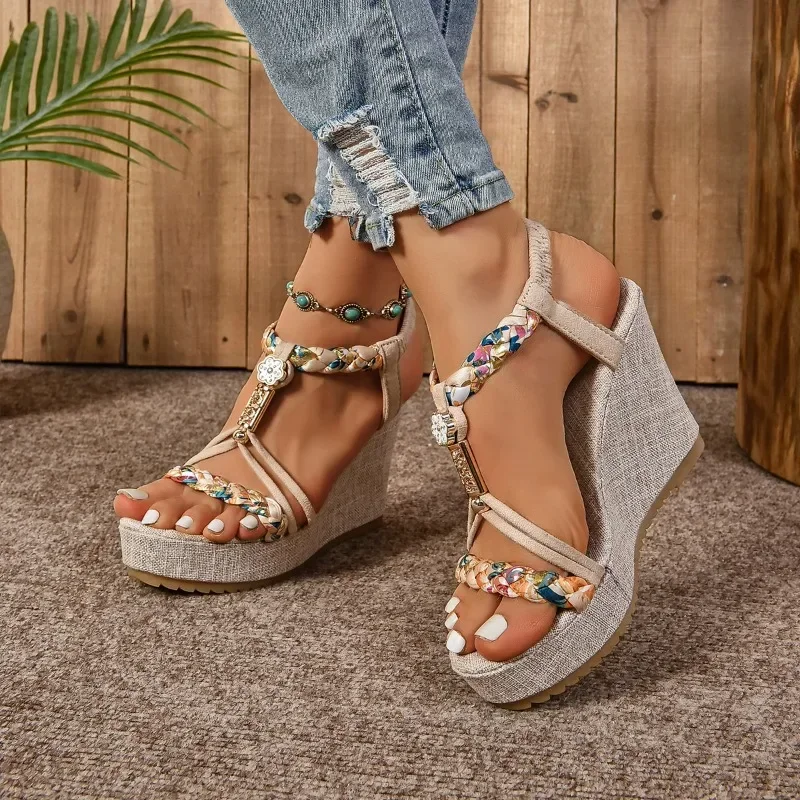 Women's Sandals 2024 Summer High Quality Elastic Band Platform Mixed Color Outdoor Leisure Comfortable Wedge Women's Sandals