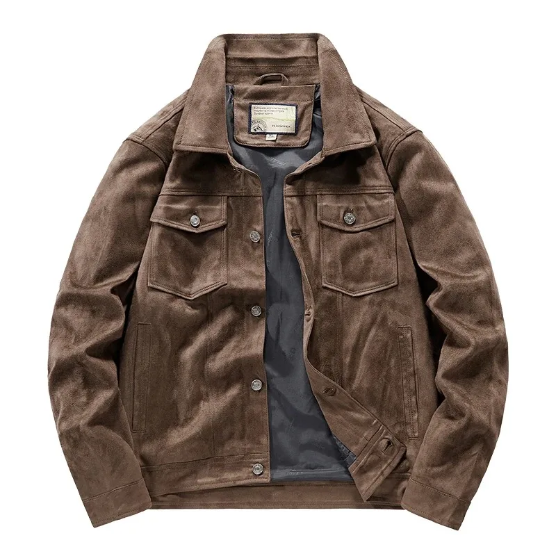 Men Vintage Brown Pilot Faux Suede Jacket Spring Autumn Cargo Jacket Lightweight Turn down Collar Casual Jacket