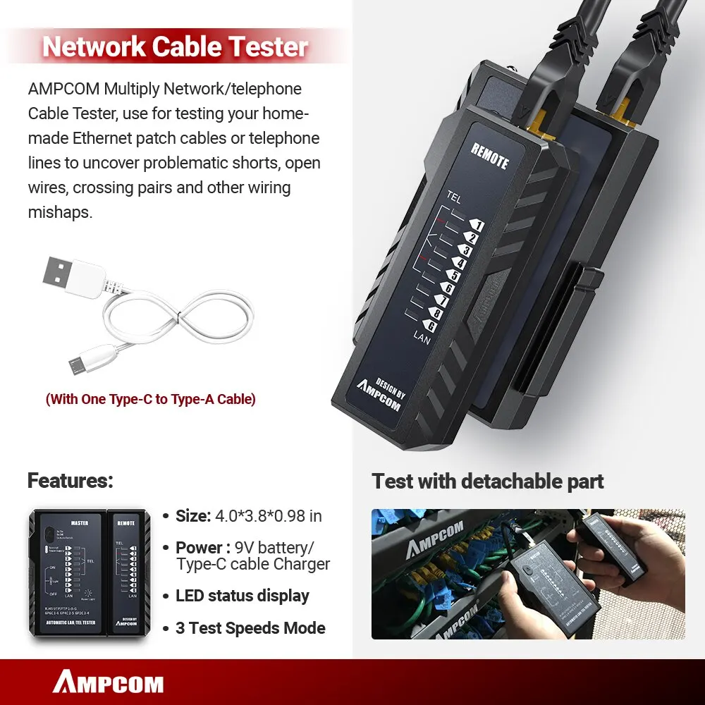 AMPCOM RJ45 Crimper Lan Tester Tool Set Ethernet Cable Stripper Punch Down Tool RJ 45 RJ11 Connector Network Cabling Repair Set