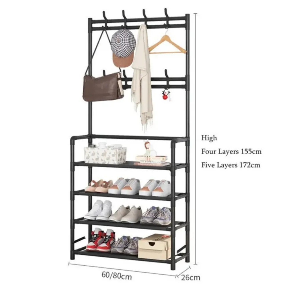 4 Layers Floor Coat Rack Shoe Rack and Hat Rack Wardrobe Household Integrated Shoe and Hat Rack Hanger Home Storage Shelf