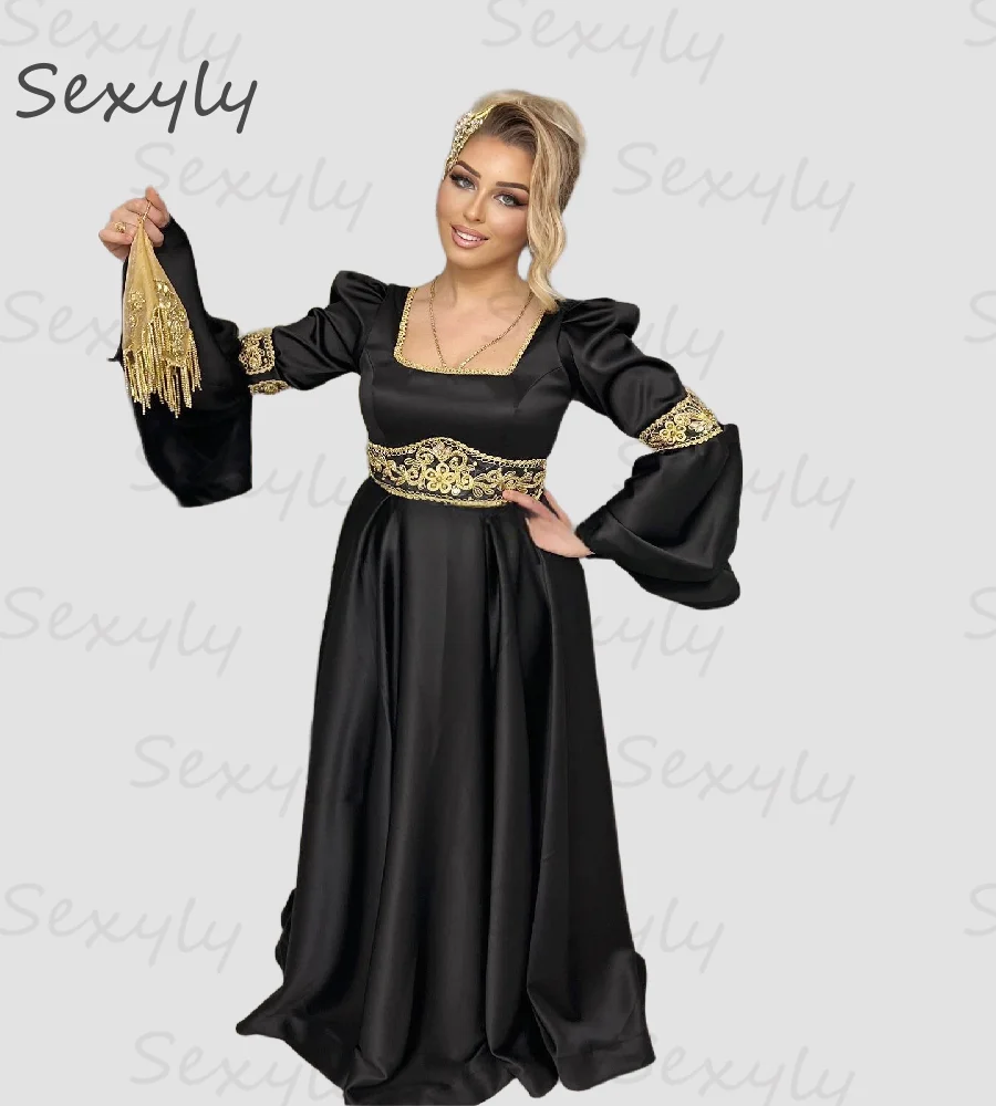 

Элегантное черное вечернее платье Абая с золотым кружевом и длинным рукавом, марокканское платье для выпускного вечера, минималистичный официальный прием, официальный индивидуальный заказ