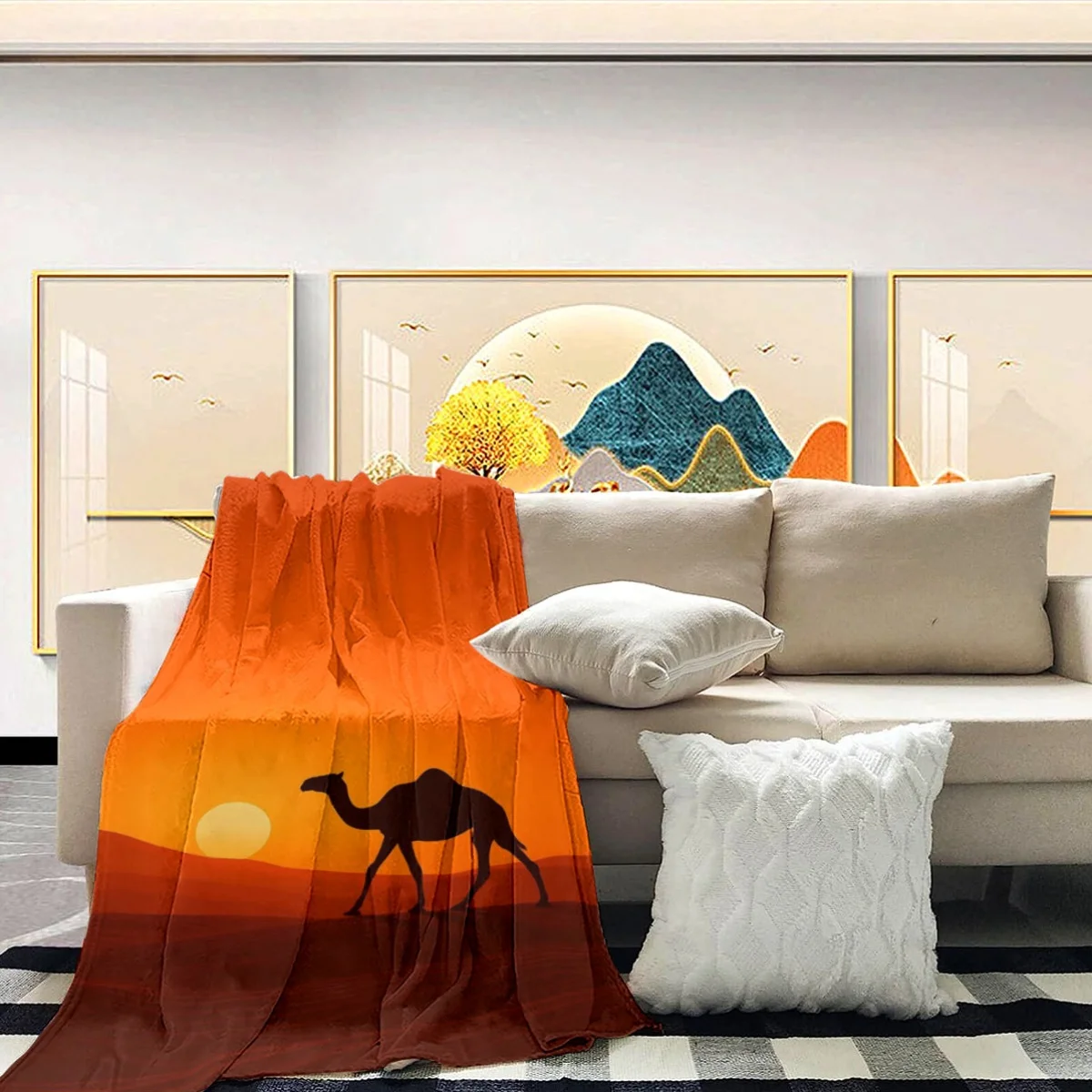 Bohemian Camel Sunset Print Throw Blanket Large Fleece Decor 150x200cm Orange Boho Desert Safari Style Gift for Home