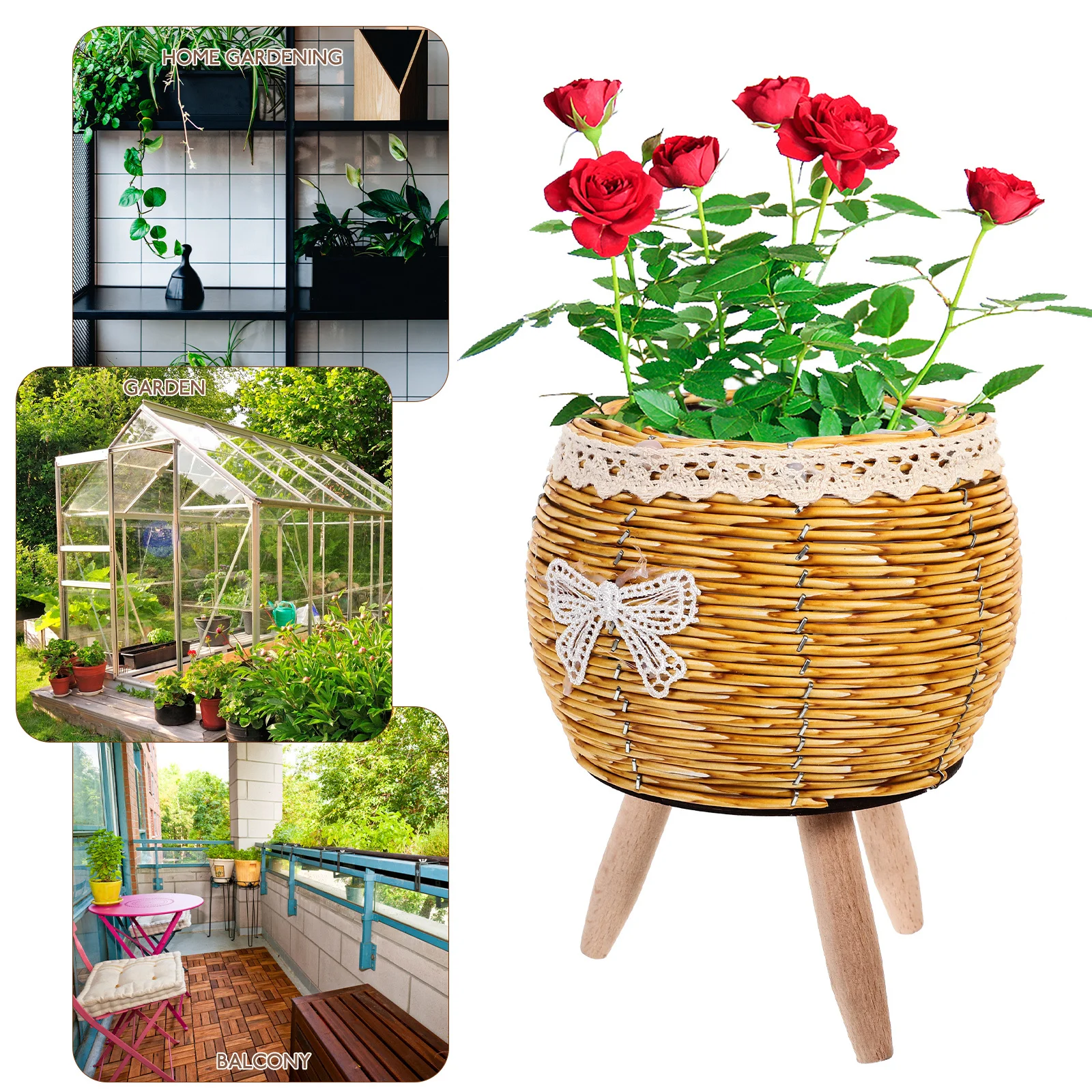 حامل نباتي منسوج حامل وعاء زهور خشبي ديكور منزلي داخلي تصميم بسيط حامل ثلاثي ثابت لغرفة المعيشة والمطبخ والحديقة والشرفة #6