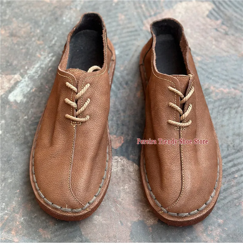 Khaki Brown Soft Leather Soft-Soled Shoes Round Toe Lace-Up Single-Layer Cowhide Breathable Flats Summer Breathable Men Loafers