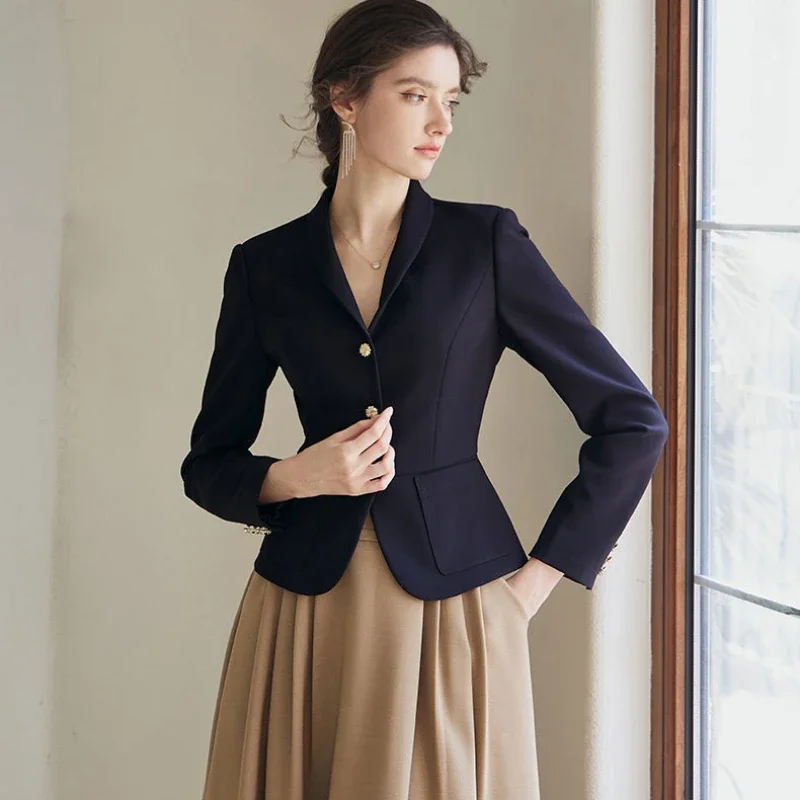 Chaqueta corta para mujer, Blazer ajustado, abrigos cortos sólidos, tendencia negra, ropa Popular coreana, novedad de 2024