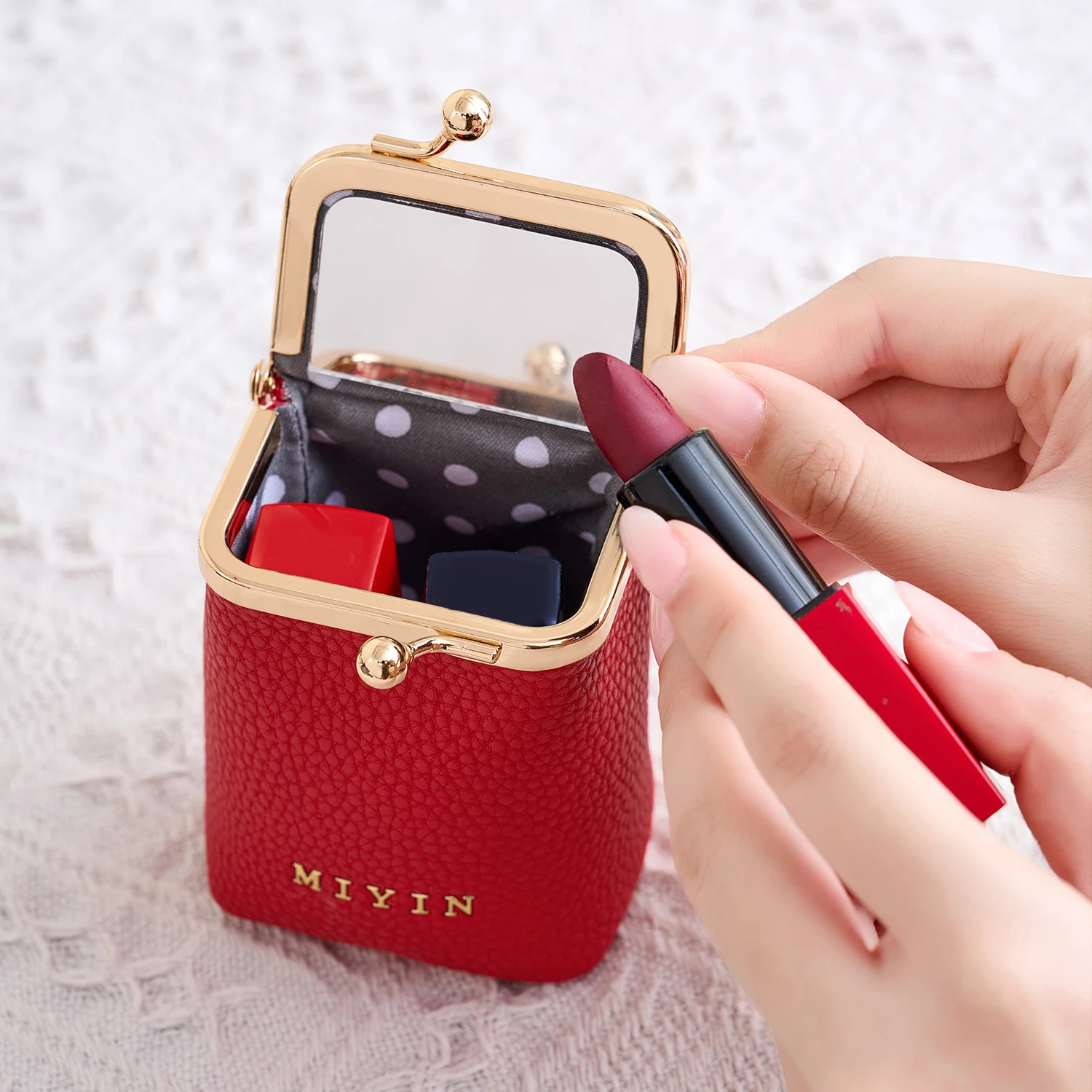 Luxury Style Mini Portable Women's Lipstick Organizer Also Functions as a Jewelry Earphone and Coin Purse with a Built-in Mirror view 5