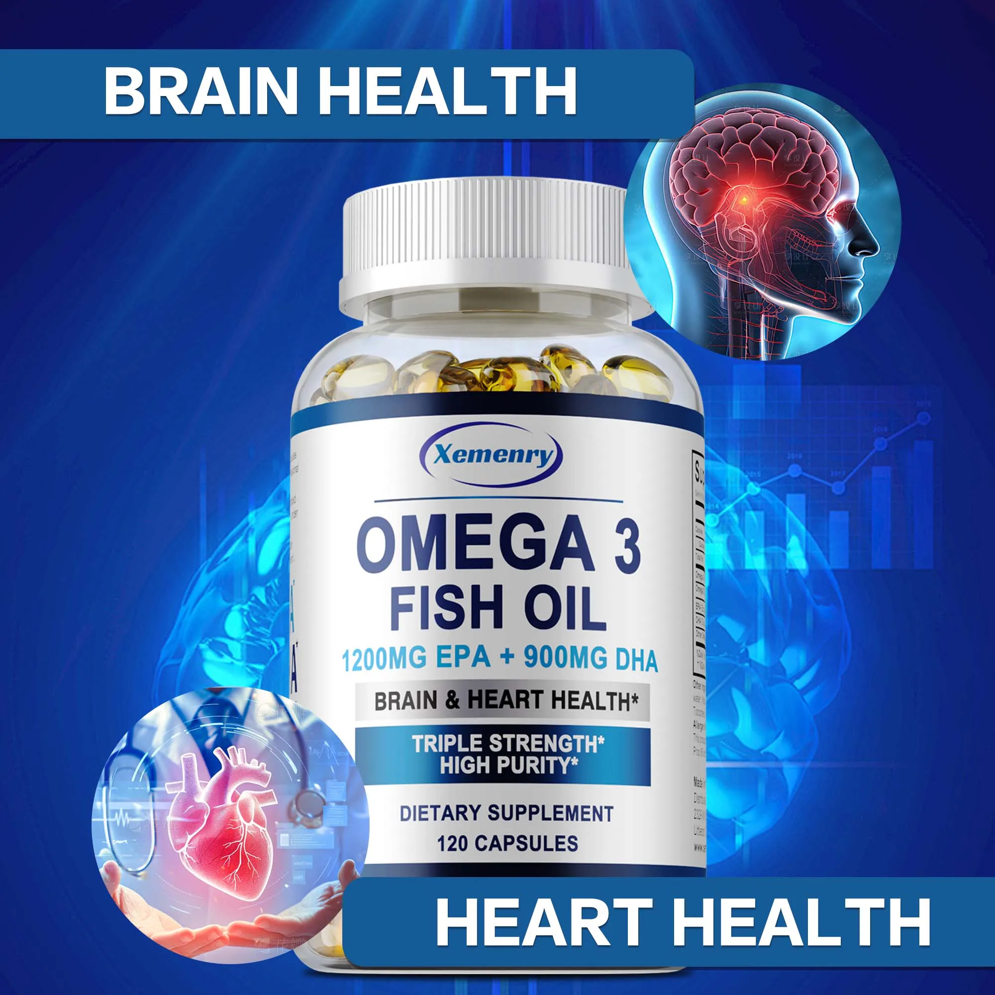 

Omega 3 Fish Oil - Benefits The Cardiovascular System, Cognitive Function, Protects Eye Fatigue - 120 Capsules
