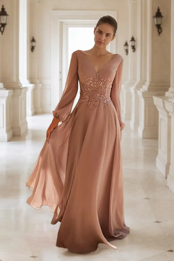 

Women's Long Sleeve Mother of The Bride Dresses Lace Applique Chiffon Formal Party Dress