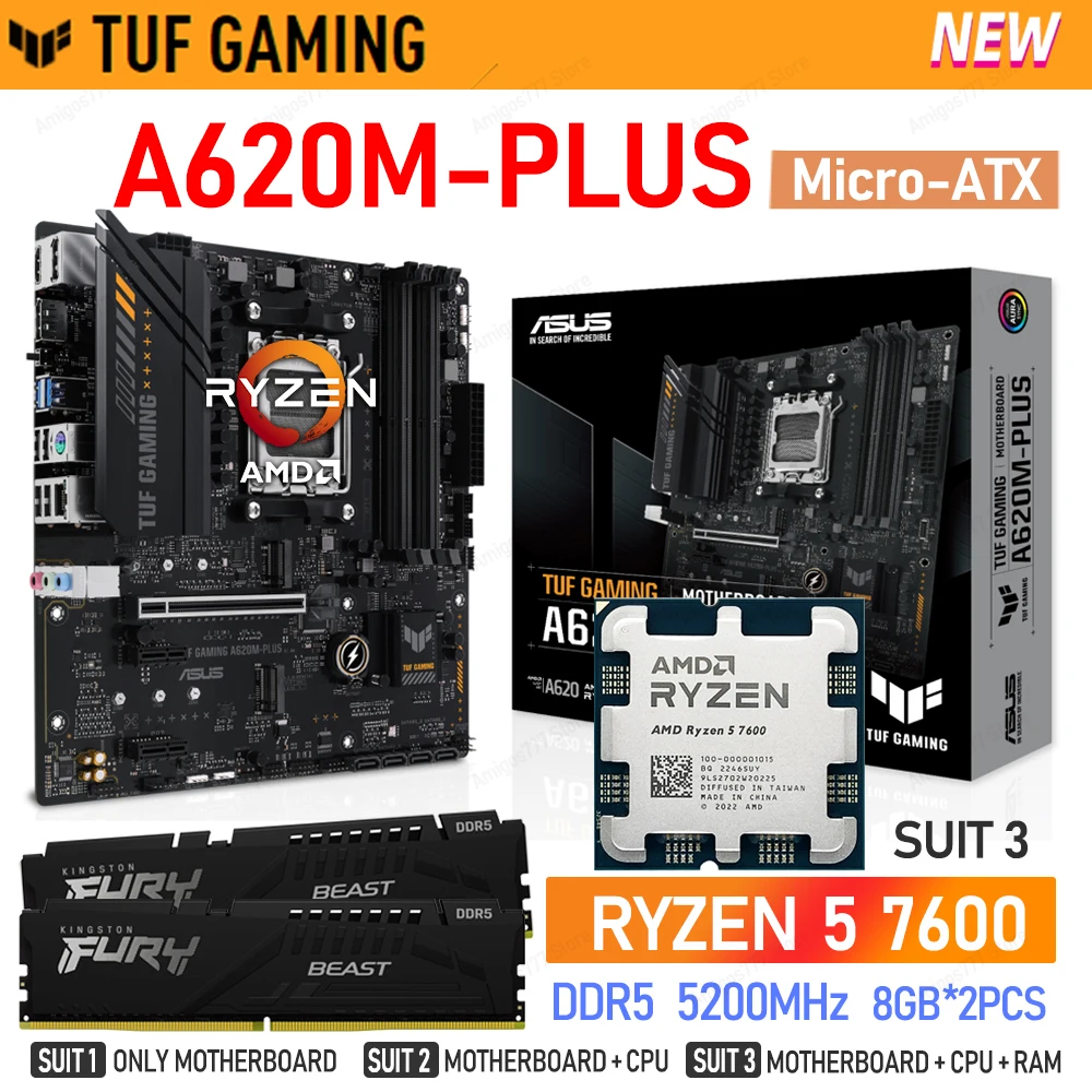

ASUS TUF GAMING A620M PLUS DDR5 Материнская Плата ЦП ОЗУ комбинированный набор R5 7600 Ryzen R5 процессор + 5200 МГц 8 ГБ * 2 шт. память AMD A620 mATX
