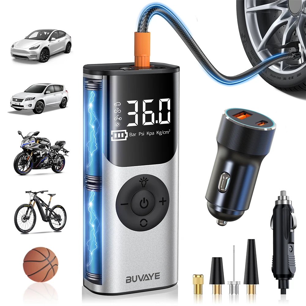 BUVAYE Car Inflator Tire Pump Portable Car Air Compressor for Motorcycles Bicycle Boat Tyre Inflator Digital Auto Inflatable