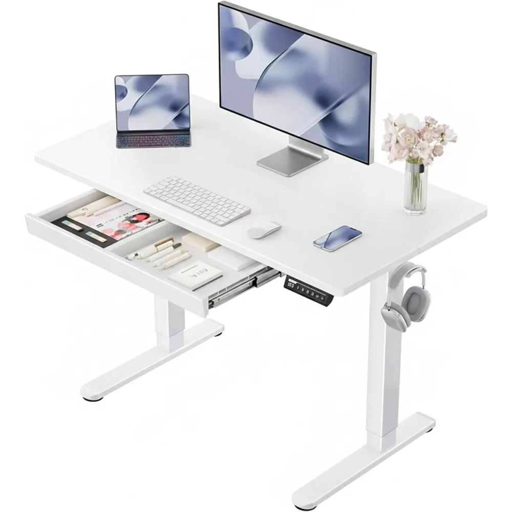 مكتب قائم كهربائي مقاس 44 بوصة مع أدراج، ارتفاع قابل للتعديل، 4 إعدادات لارتفاع الذاكرة، مكتب الجلوس الوقوف
