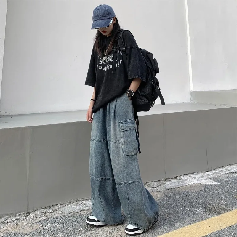 2023 Spring Autumn Trousers Y2k Baggy Jeans for Women's Wide Leg Pants Pockets Elastic Waist Streetwear Loose Comfortable Pants