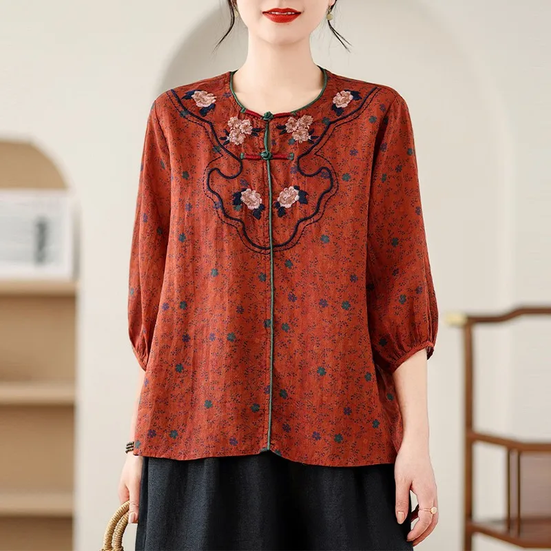 Women Casual Blouses Shirts New Arrival 2024 Summer Vintage Style O-neck Floral Embroidery Loose Female Tops Shirts B3695