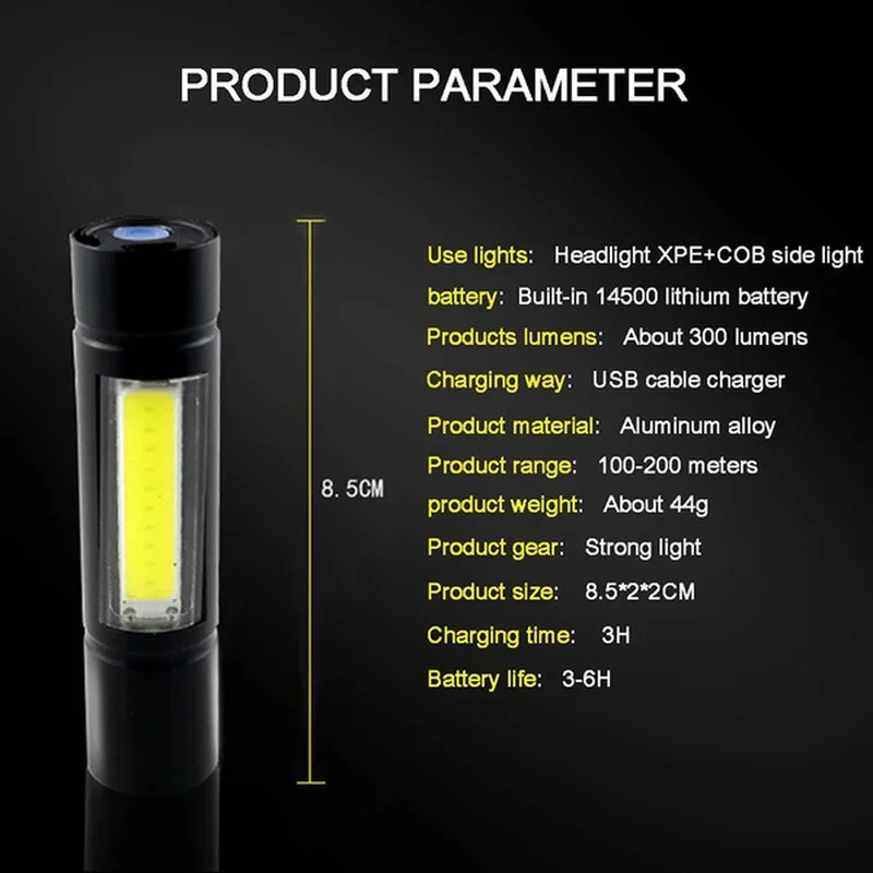 Rechargeable Led Flashlight Super Bright Mini Work Light 3 Modes Waterproof Portable COB Tactical Torch Zoomable Camping Lantern