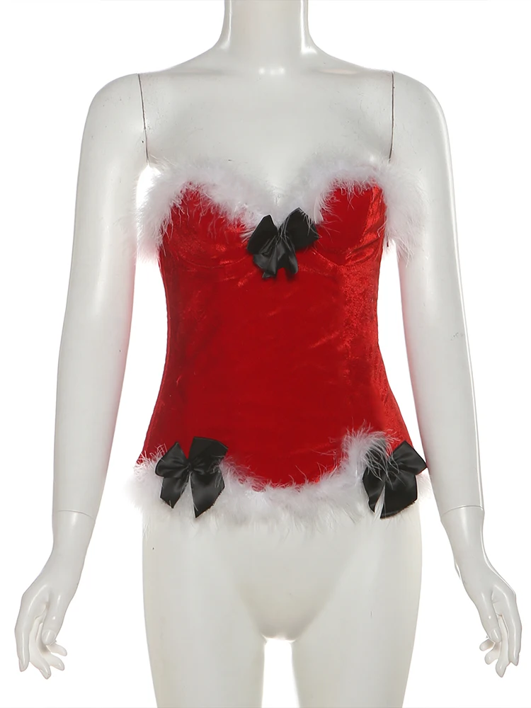 Sisterlinda عيد الميلاد سترة مثيرة المرأة فروي المرقعة القوس يزين Shiring أكمام تمتد نحيل البرية نادي الحفلات تانك القمم