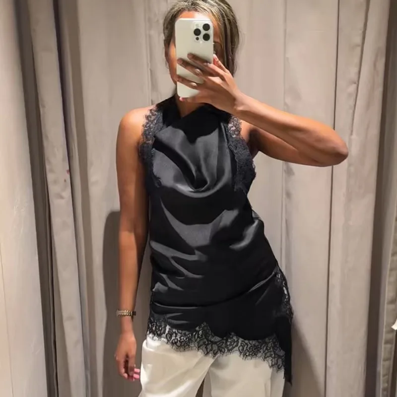 

Tuularose Black Lace Vest Fashion Sexy Sleeveless Neck Backless Lace Patchwork Top High Street Party Looks Women's Lace Tank Top