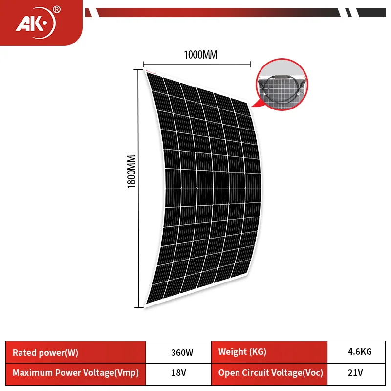 AK 360W flexible solar panel 21v 18v high efficiency battery charger module is suitable for camping car boat RV solar panel