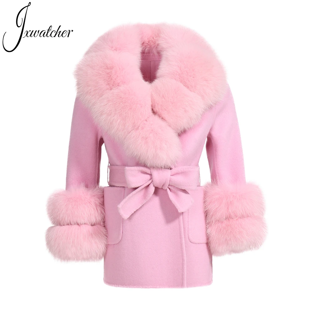 Jxwatcher bambini cappotto di lana invernale bambini cappotto di Cashmere grande vera pelliccia di volpe collare ragazza di media lunghezza moda