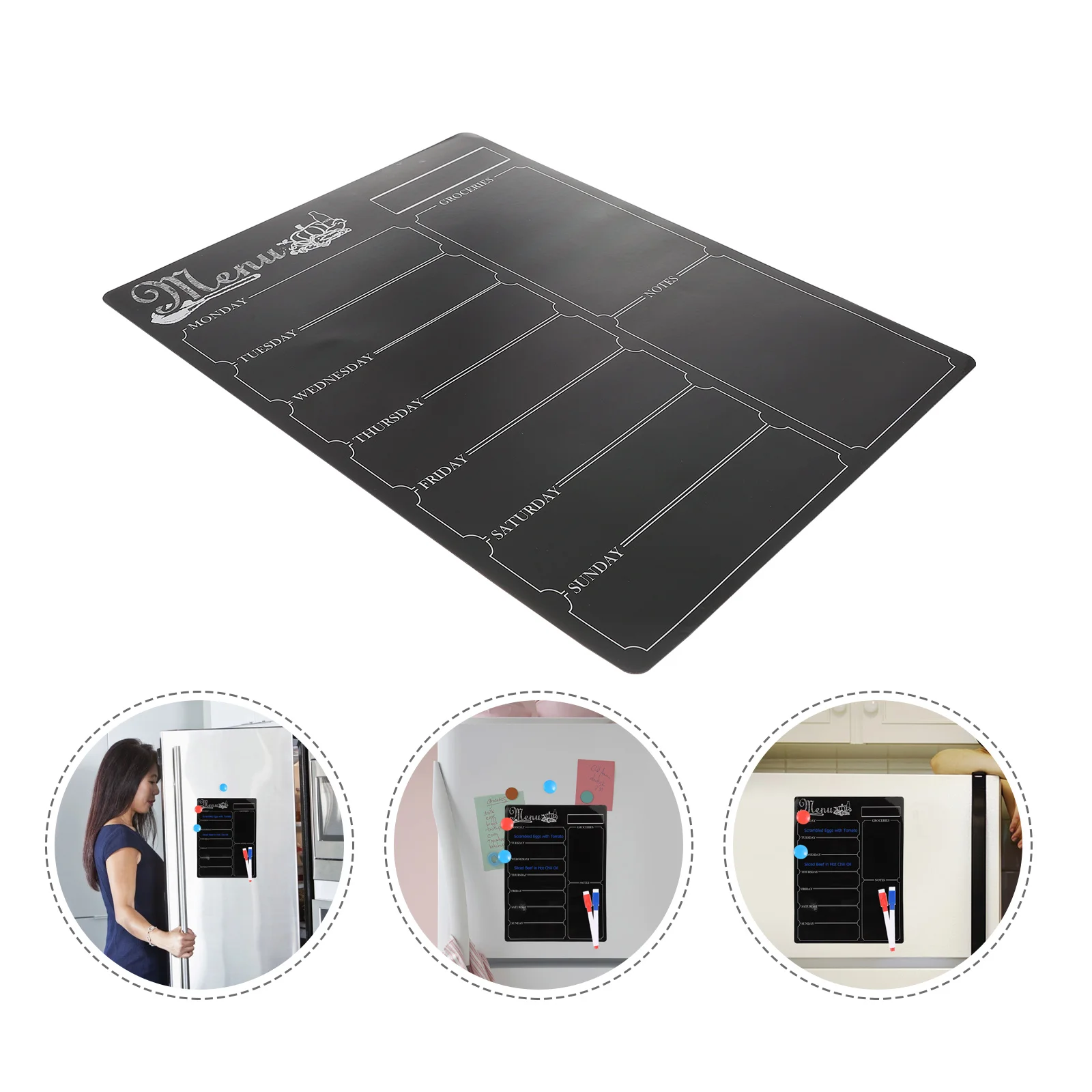 Planificador de horario semanal reutilizable, pizarra para refrigerador, calendario de notas, tablero magnético de borrado en seco, organizador, tablero de menú (negro)