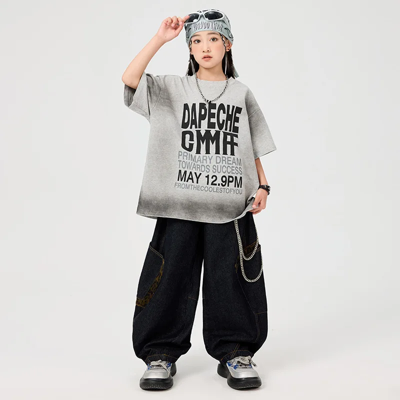 

Kid Kpop Hip Hop Clothing Gray Letters T Shirt Top Denim Leopard Pockets Jeans Cargo Pants for Girl Boy Dance Costumes Clothes