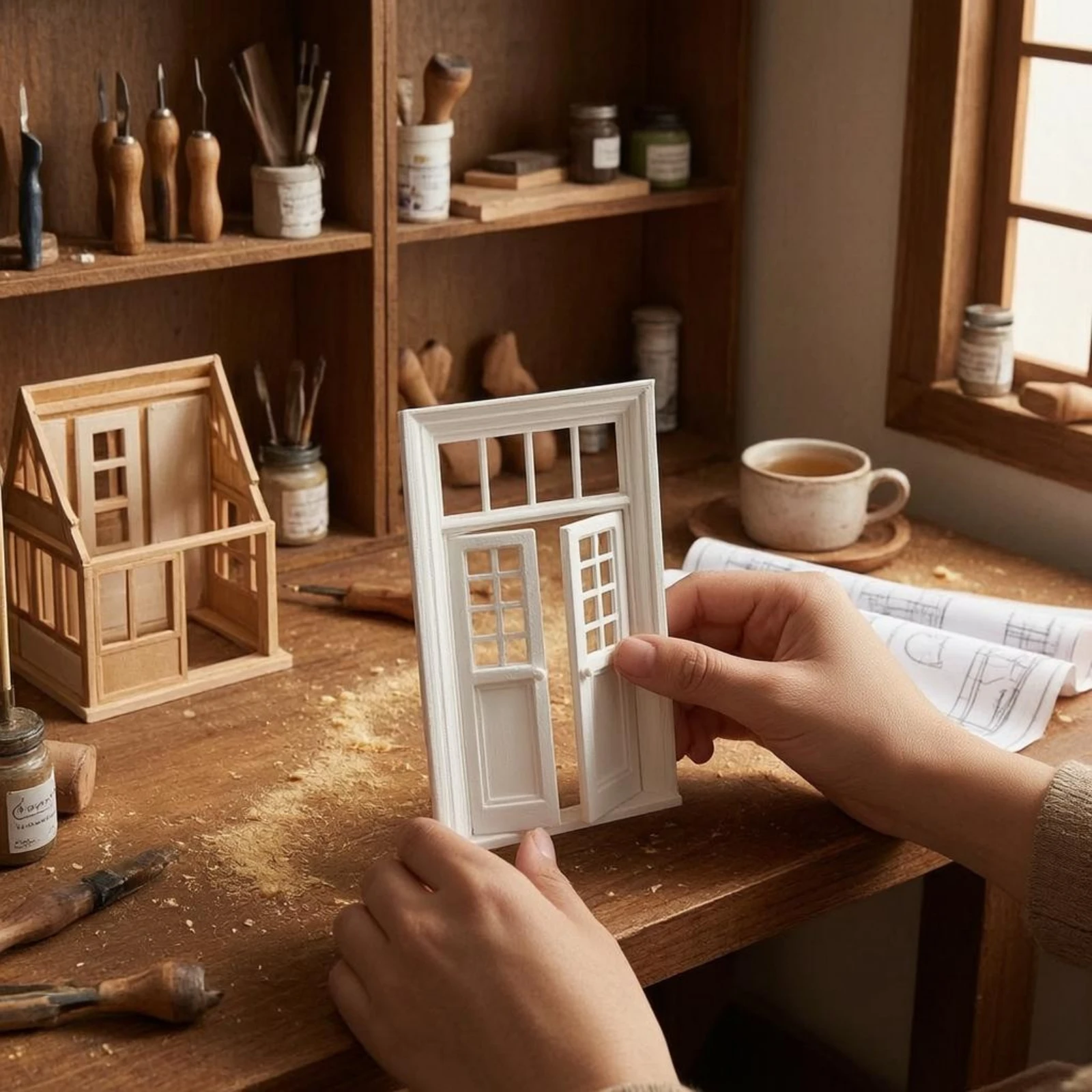 1:12 Scale Dollhouse Door DIY Two Panel Transom Door Transom Window Model Decorative Openable view 3
