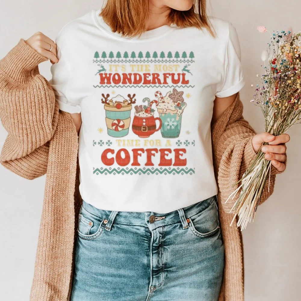 Women's Fashion Coffee Cup Pattern T-Shirt Printed Cartoon Shirt Women's Christmas Cute 90s Short Sleeve Casual T-Shirt Top