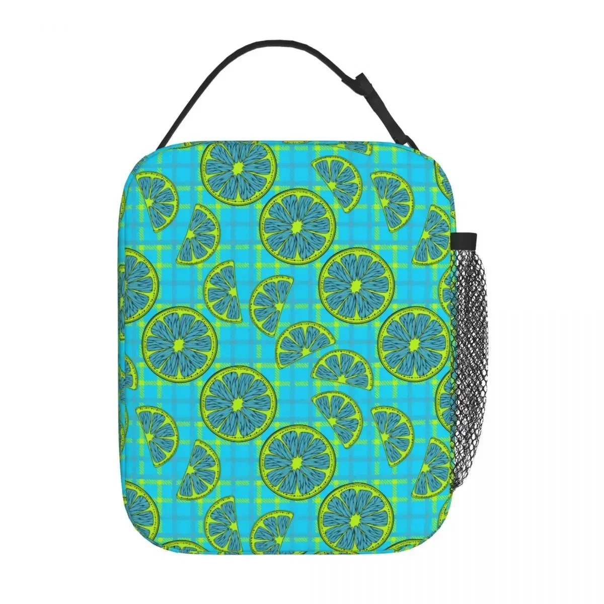 Insulated Lunch Tote Bag Blue Citrus On A Checkered Background Storage Food Box Causal Thermal Cooler Lunch Box For School