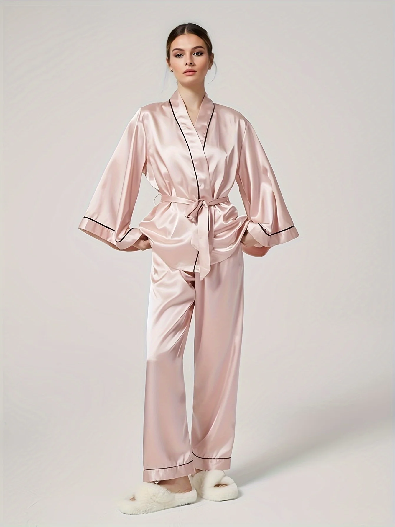 Schinotch Summer Women Ice Silk Pajamas Set Cozy Fashion Bathrobe and Pants Ladies Homewear Set