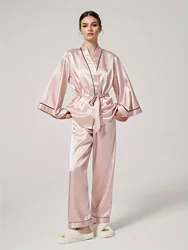 Schinotch Summer Women Ice Silk Pajamas Set Cozy Fashion Bathrobe and Pants Ladies Homewear Set